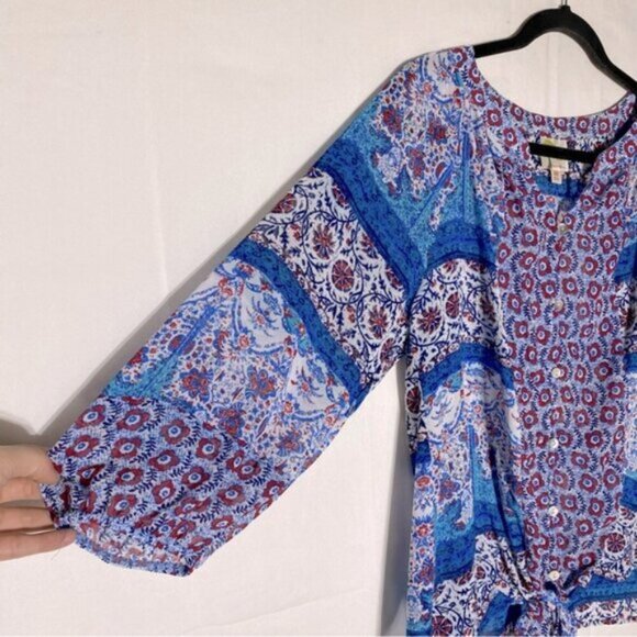 Fig And Flower Blue Red White Multi Print Boho tTie Front Semi Sheer Blouse M - Picture 11 of 15